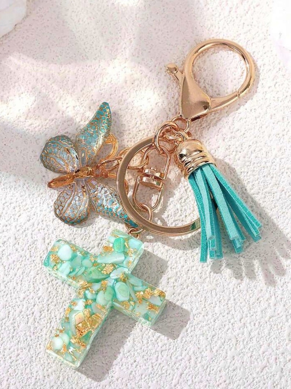 Turquoise Cross & Butterfly Tassel Keyring with Gold Hardware